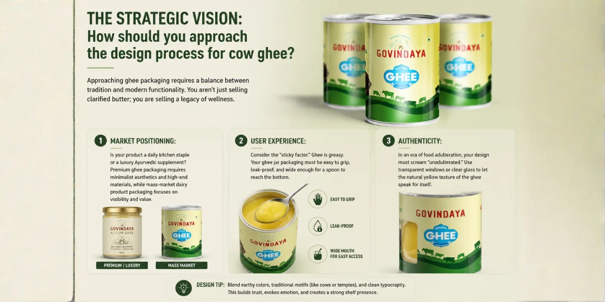 Cow Ghee Packaging Design, Dairy Product Packaging, Ghee Label, Organic Ghee Packaging, Ghee Jar Packaging, Ghee Bottle Design, Organic Product Packaging Design, Brij Design Studio