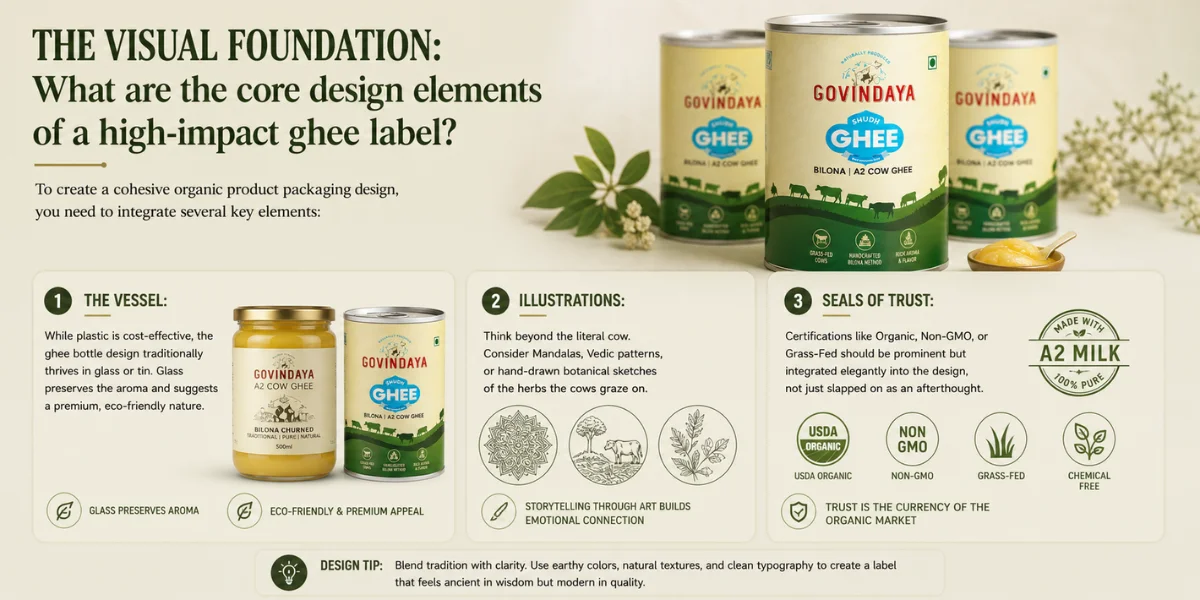 Cow Ghee Packaging Design, Dairy Product Packaging, Ghee Label, Organic Ghee Packaging, Ghee Jar Packaging, Ghee Bottle Design, Organic Product Packaging Design, Brij Design Studio